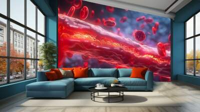 Clogged artery and atherosclerosis disease medical concept with a three dimensional human artery with blood cells that is blocked by plaque buildup of cholesterol. Generative AI Wall mural