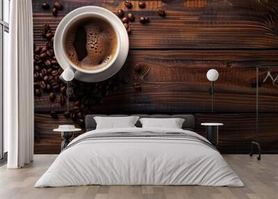 Coffee in a white cup and coffee beans on a wooden dark table, background. Wall mural