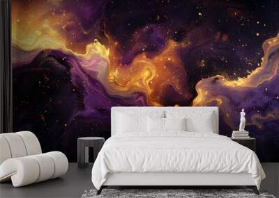 Cosmic Abstraction, abstract cosmic scene with swirling waves of metallic gold and purple color Wall mural