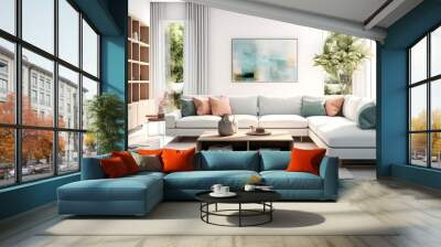 cozy modern bright light living room with sofa, generative ai Wall mural