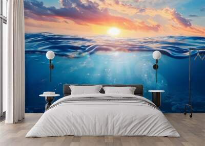 design template with underwater part and sunset skylight splitted by waterline Wall mural