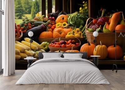 Fall harvest market with vegetables and fruits. AI generated Wall mural