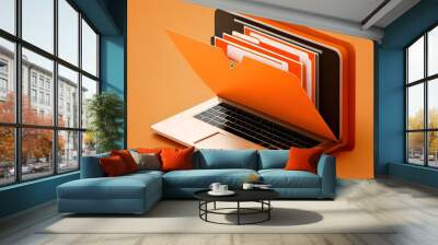 File folder on laptop screen, orange background. Generative AI Wall mural