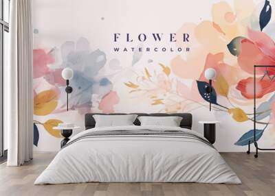 Flower watercolor art background vector. Wallpaper design with floral paint brush line art. leaves and flowers nature design for cover, wall art, invitation, fabric, poster, canvas print. Wall mural