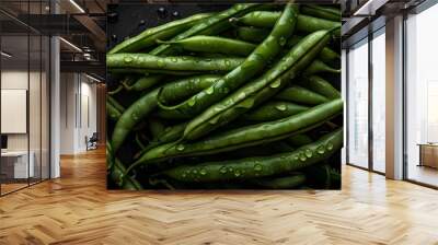 Fresh French Beans seamless background, adorned with glistening droplets of water. Top down view. Food Advertising photography. Commercial photography. Ai generative Wall mural