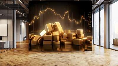 Gold bar stack and investment stock graph business concept on gold particles background with growth financial money exchange chart coin treasure. Generative AI Wall mural