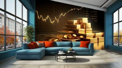 Gold bar stack and investment stock graph business concept on gold particles background with growth financial money exchange chart coin treasure. Generative AI Wall mural