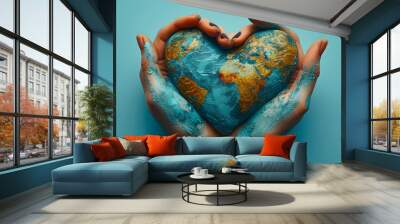 hands, painted in the world map, forming heart shape isolated on blue background Wall mural