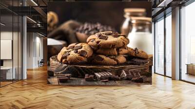 Healthy oat cookies with chocolate and glass of yogurt on the concrete or stone table Wall mural