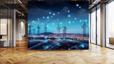 High power electricity poles in urban area connected to smart grid. Energy supply, distribution of energy, transmitting energy, energy transmission, high voltage supply concept Wall mural