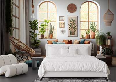 huge window and natural furniture fill the living room. Excellent illustration Wall mockup with a bohemian interior design. Generative AI Wall mural