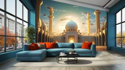 illustration of the beautiful shiny mosque and ramadan islamic culture icon and with beautiful sun light, The landmark, generative AI Wall mural