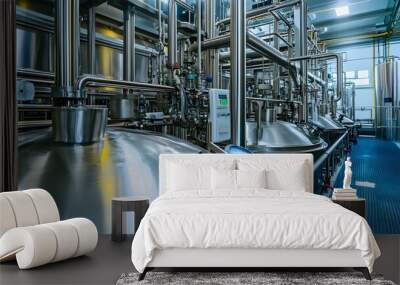 Industrial Stainless Steel Tanks and Piping in a Factory Setting Wall mural