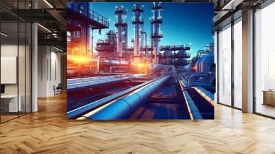 Industry pipeline transport petrochemical, gas and oil processing, furnace factory line, rack of heat chemical manufacturing, equipment steel pipes plant with Generative AI Wall mural