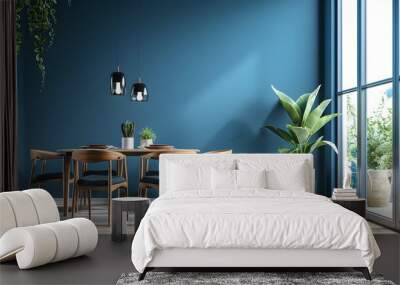 Interior of spacious dining room with table and chairs near blue painted wall in modern illuminated apartment Wall mural