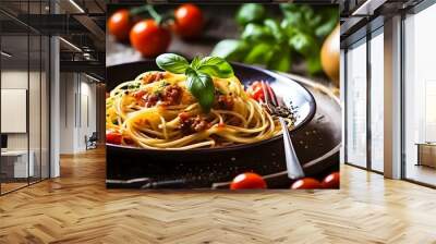 Italian spaghetti on rustic wooden table. Mediterranean cuisine with pasta ingredients- bolognese sauce, olive oil, basil and tomato. Wall mural