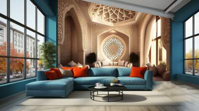 Living room Islamic and Arabic concept, islamic interior design with arch, Ai generative Wall mural