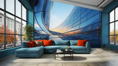 low angle view of futuristic architecture, skyscraper of office building with curve glass window, Wall mural