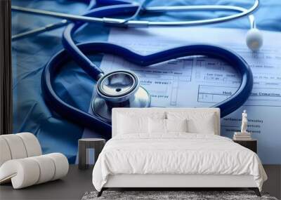 Medical stethoscope twisted in heart shape lying on patient medical history list and blue doctor uniform closeup. Medical help or insurance concept. Cardiology care, health, protection and prevention Wall mural