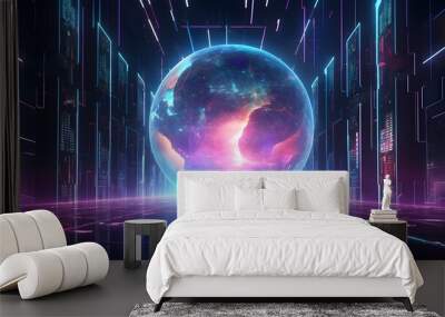 Metaverse digital world cyber space background, neon colorful global world in cyber space, future energy power technology and internet connection concept Ai generated Wall mural