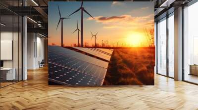 Modern Wind turbines and solar panels sunset light. Concept eco green renewable energy. Generation AI Wall mural