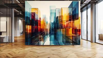 Multiple exposure of modern abstract glass architectural forms. Generative AI Wall mural