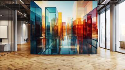 Multiple exposure of modern abstract glass architectural forms. Generative AI Wall mural