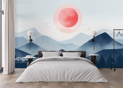 Natural blue mountain landscape. Abstract contemporary aesthetic backgrounds landscapes. with mountains, hill and red moon. vector illustrations Wall mural