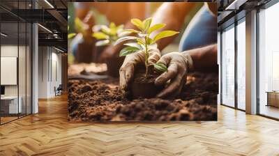 People planting trees or working in community garden promoting local food production and habitat restoration, concept of Sustainability and Community Engagement. Generative Ai Wall mural