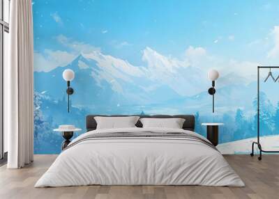 Snow-covered mountains and a forest under a clear blue sky Wall mural