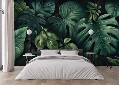 Tropical leaves background, banner with green floral pattern, generative AI. Wall mural