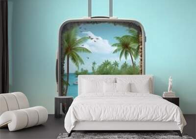 vacation travel time banner, open travel suitcase with exotic destination inside, tourist suitcase summer vacation advertisement concept on tropics lagoon bay, Ai Generative Wall mural