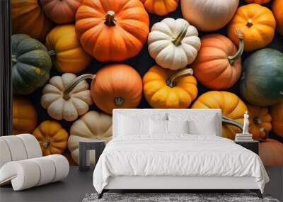 Various fresh ripe pumpkins as background, AI Generative Wall mural