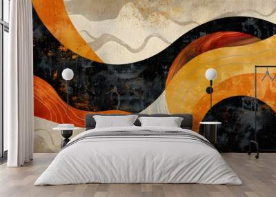 Vibrant abstract art featuring curvy shapes and lines in a warm color palette on a textured orange backdrop, perfect for creative projects. Wall mural