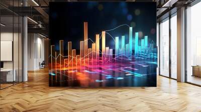 Virtual stock market lines and financial charts over dark background. Digital screen. Concept of finance advisory and international consulting. Huds, numbers and line graphs Wall mural