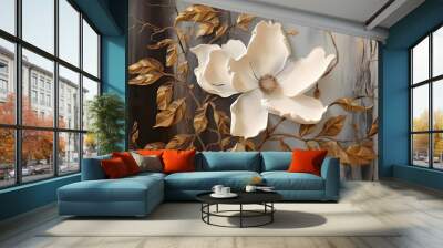 White and golden magnolia flower on textured background. Abstract art painting for wall frames. Elegant light beige and bronze flower wall art. Ai generative. Wall mural