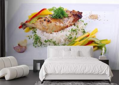 garlic chicken, rice & mango salad isolated on white background Wall mural