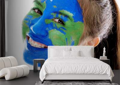 smiling girl with the world map painted on her face Wall mural