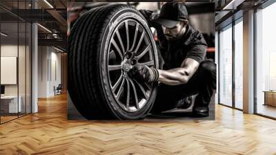 Car tire mechanic.Auto mechanic working in garage and changing wheel  tire. Wall mural