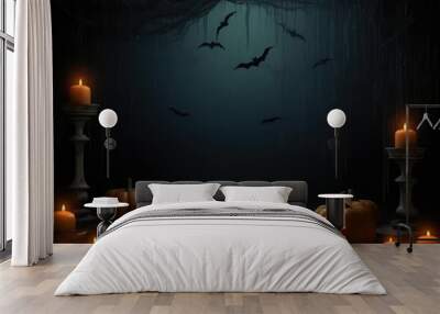 Halloween background.pumpkins and fallen leaves on wooden background. Scary halloween pumpkin Wall mural