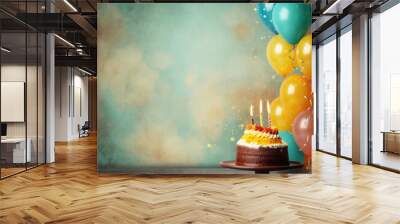 happy birthday.Celebration banner with gold confetti and balloons and cake.Background Wall mural