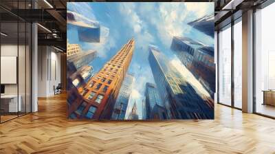 A low angle view of tall buildings in a city with a bright blue sky and fluffy clouds above Wall mural