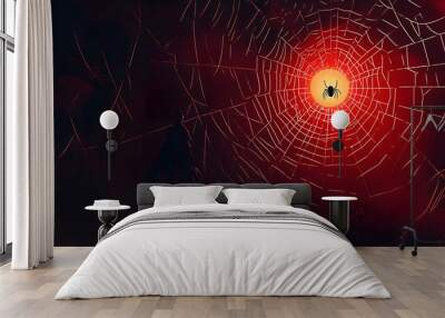 A Silhouette of a Person Standing Before a Giant Spider Web with a Red Sun and a Spider Wall mural