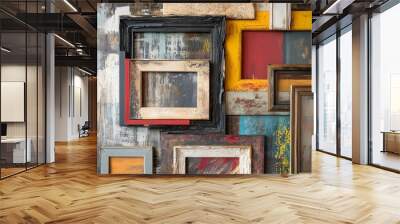 A Wall Decorated with Overlapping, Colorful, and Distressed Picture Frames Wall mural