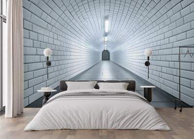 A White Tiled Tunnel with a Door at the End Wall mural