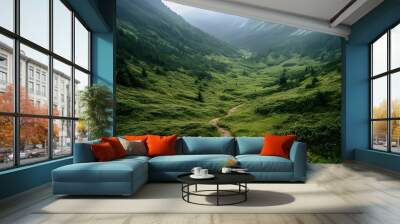 A winding path through a lush green mountain valley. Wall mural