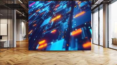 Abstract 3D Render of Intersecting Geometric Shapes with Glowing Blue and Orange Lines Wall mural