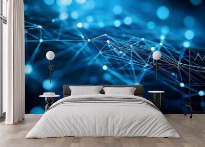 Abstract blue network of glowing nodes and lines Wall mural