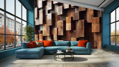 Abstract Wall of Interlocking Wooden Blocks Wall mural