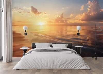 Golden Sunset Over a Sandy Beach and Calm Ocean Wall mural